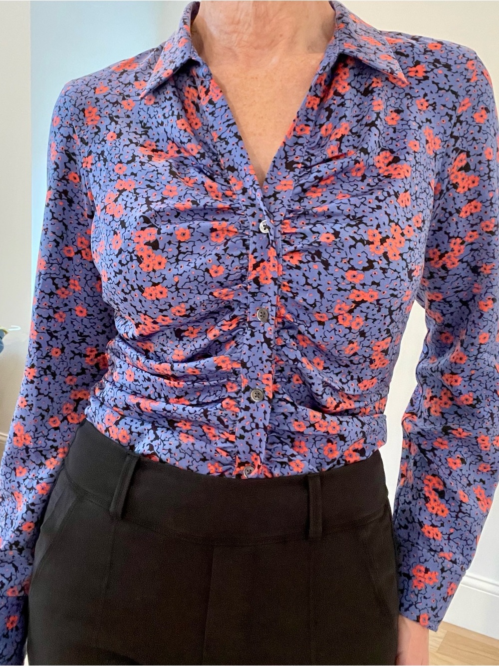 Rails Blue Floral Ruched Button-Front Shirt with Coral Accents